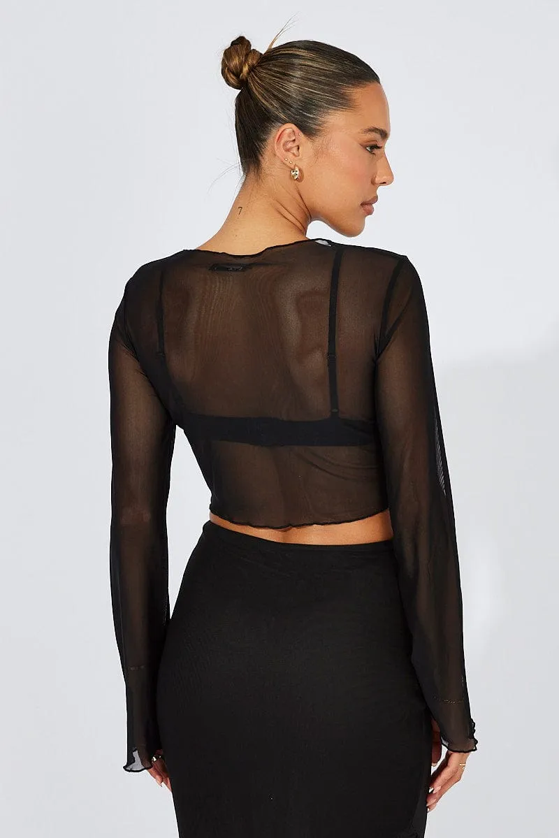 Black Bolero Tie Front Long Sleeve Mesh