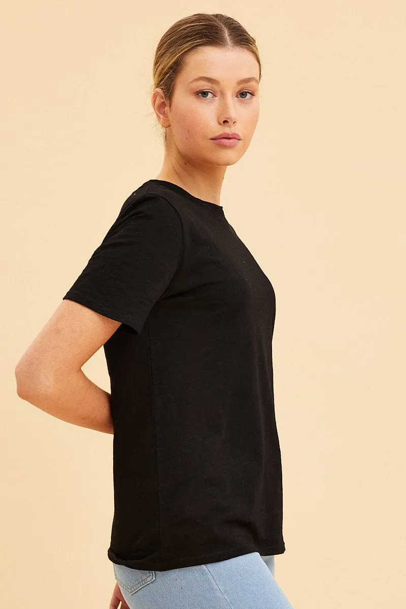 Black Cotton T-Shirt Slub Crew Neck Regular Fit