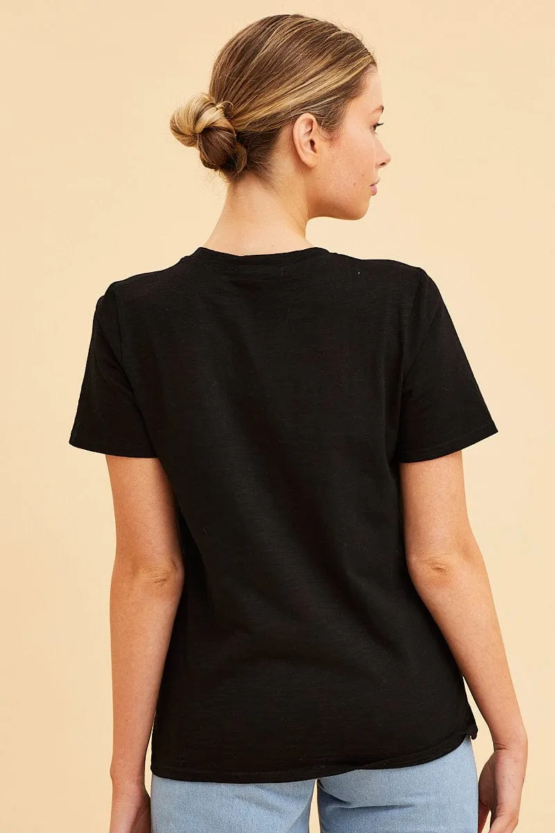 Black Cotton T-Shirt Slub Crew Neck Regular Fit