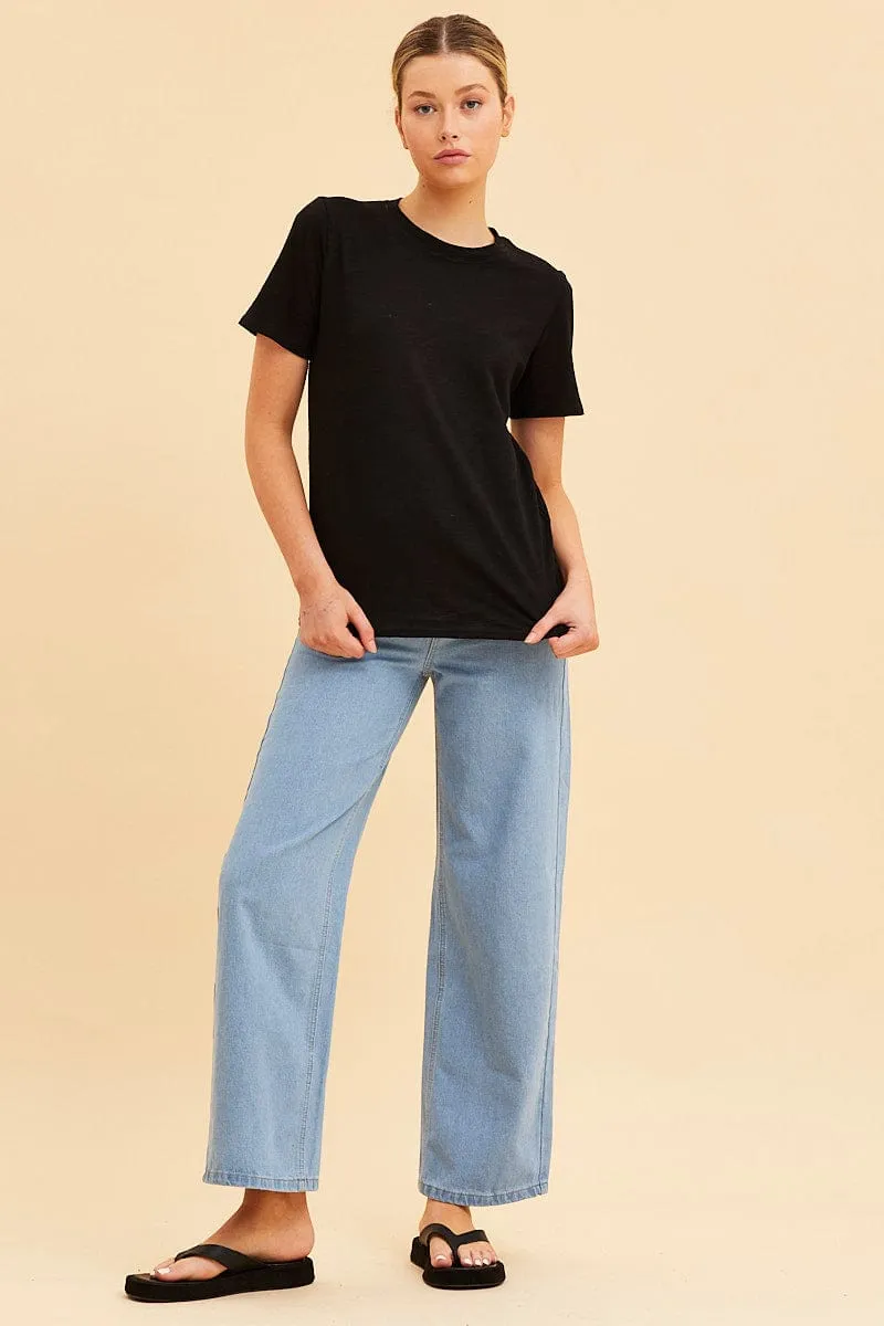 Black Cotton T-Shirt Slub Crew Neck Regular Fit