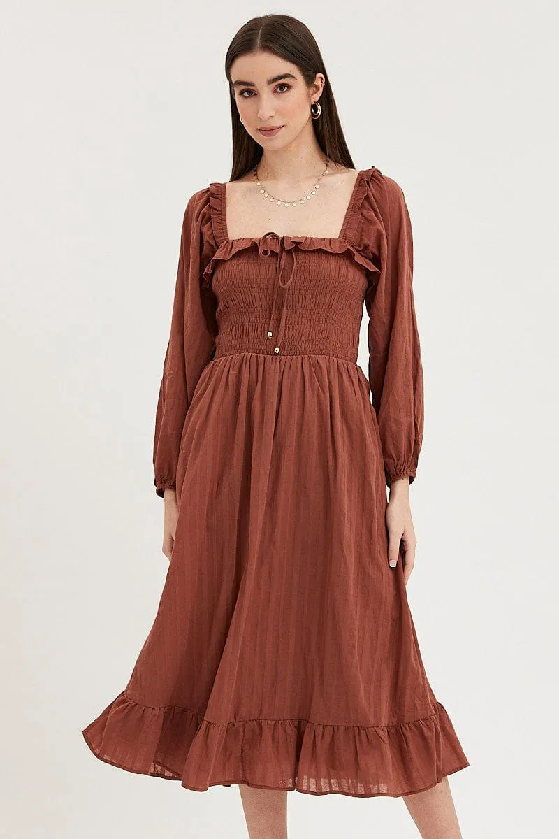 Brown Midi Dress Long Sleeve Evening