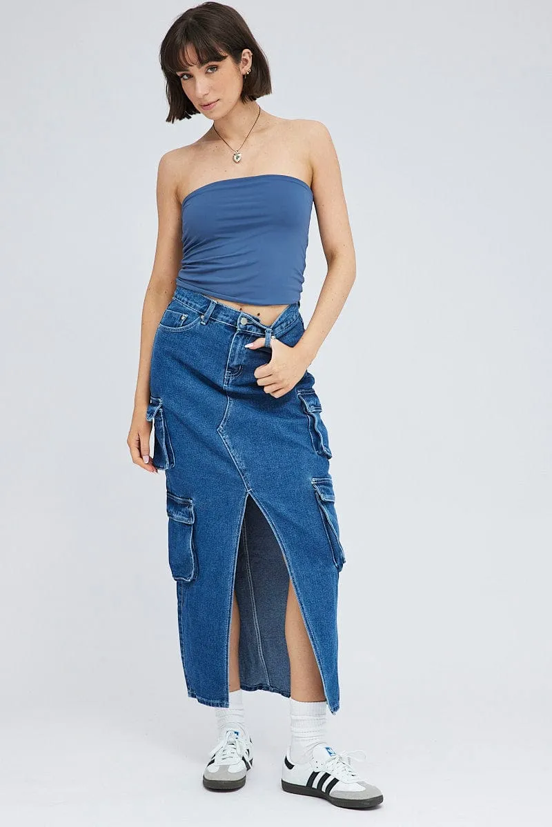 Denim Cargo Skirt Mid Rise Maxi Utility Pocket Details