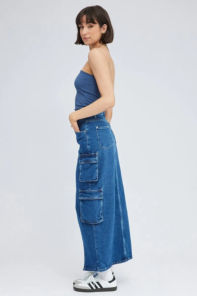 Denim Cargo Skirt Mid Rise Maxi Utility Pocket Details