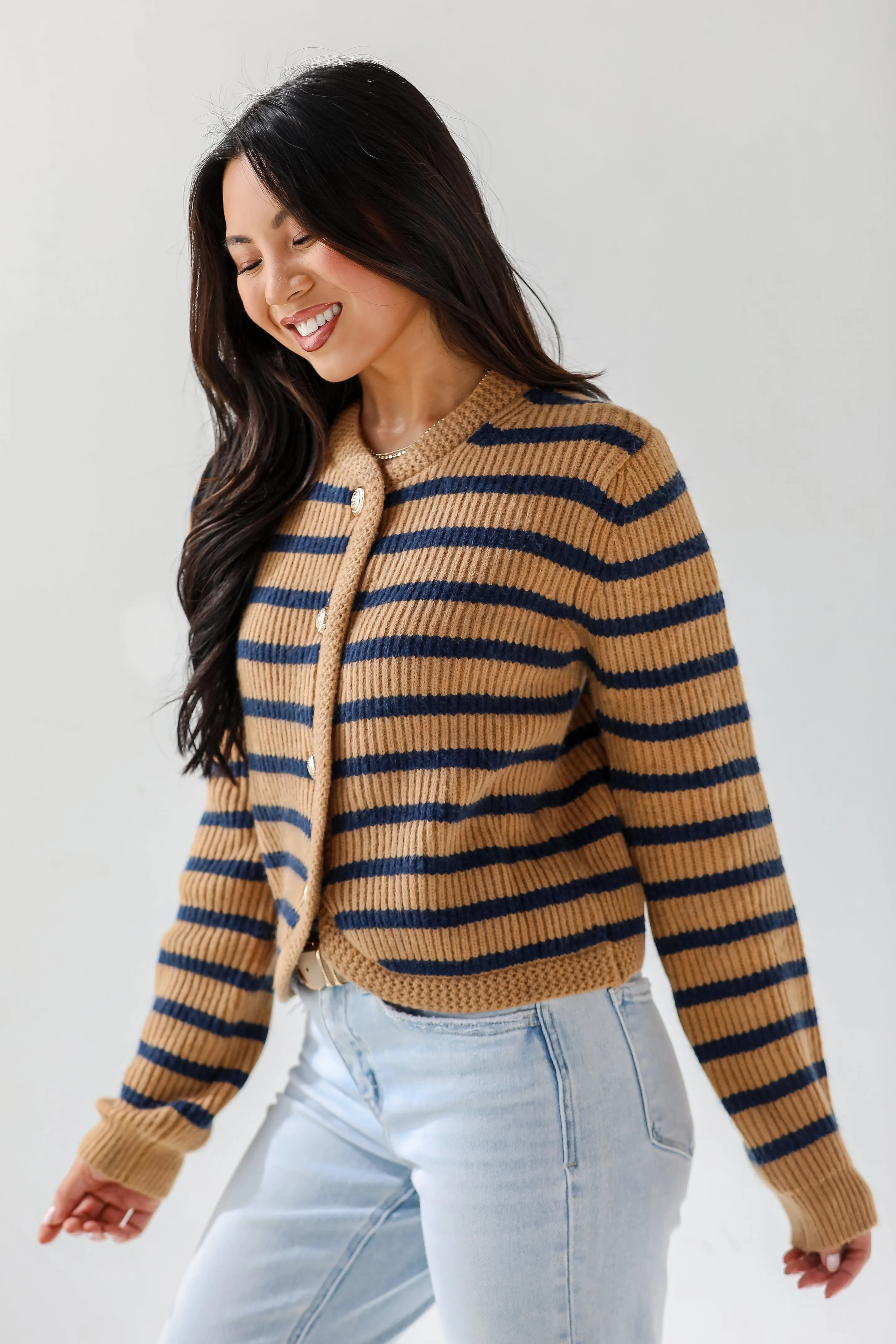 FINAL SALE - Chicest Option Camel Striped Sweater Cardigan