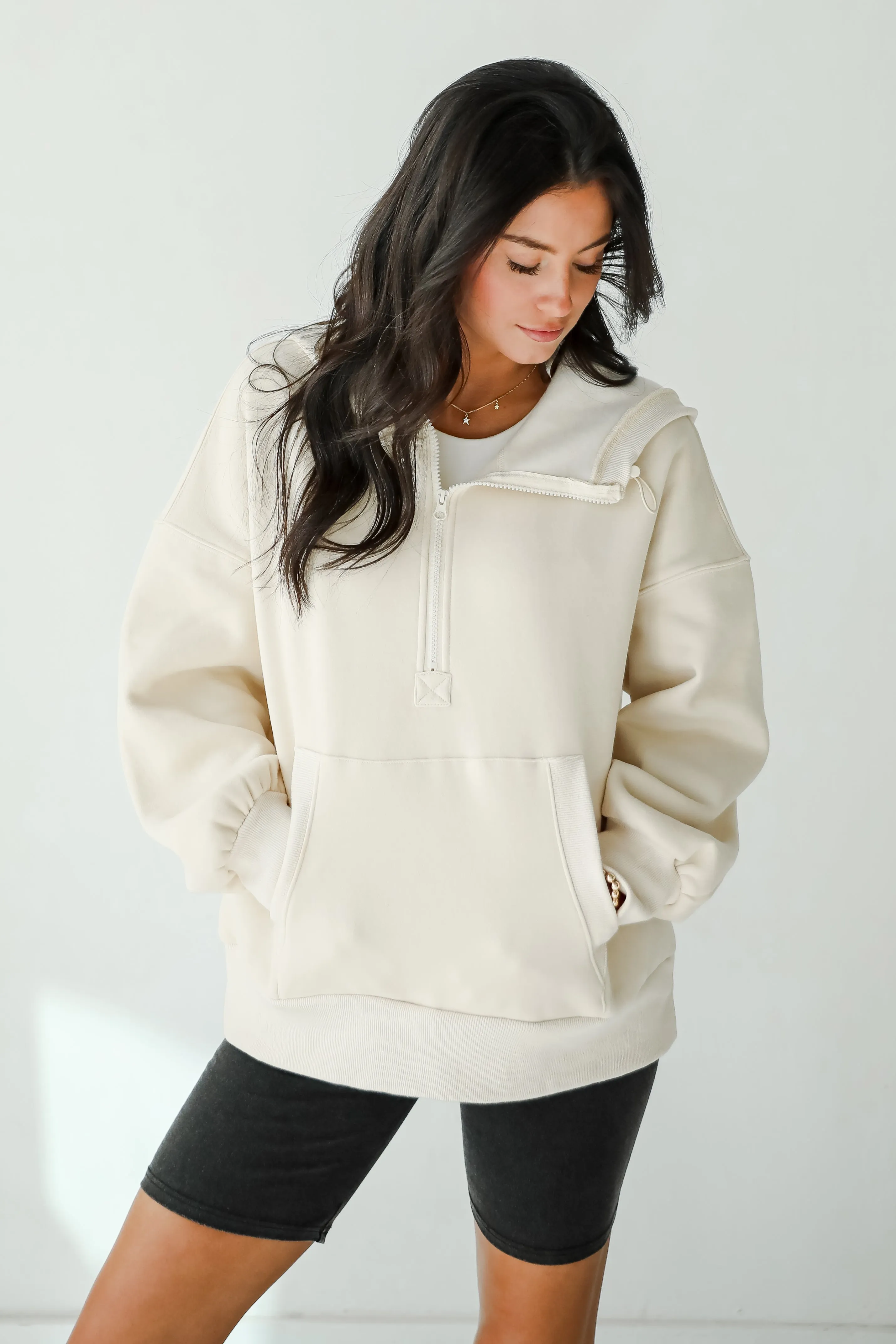 FINAL SALE - Cozy Delight Cream Fleece Quarter Zip Hoodie