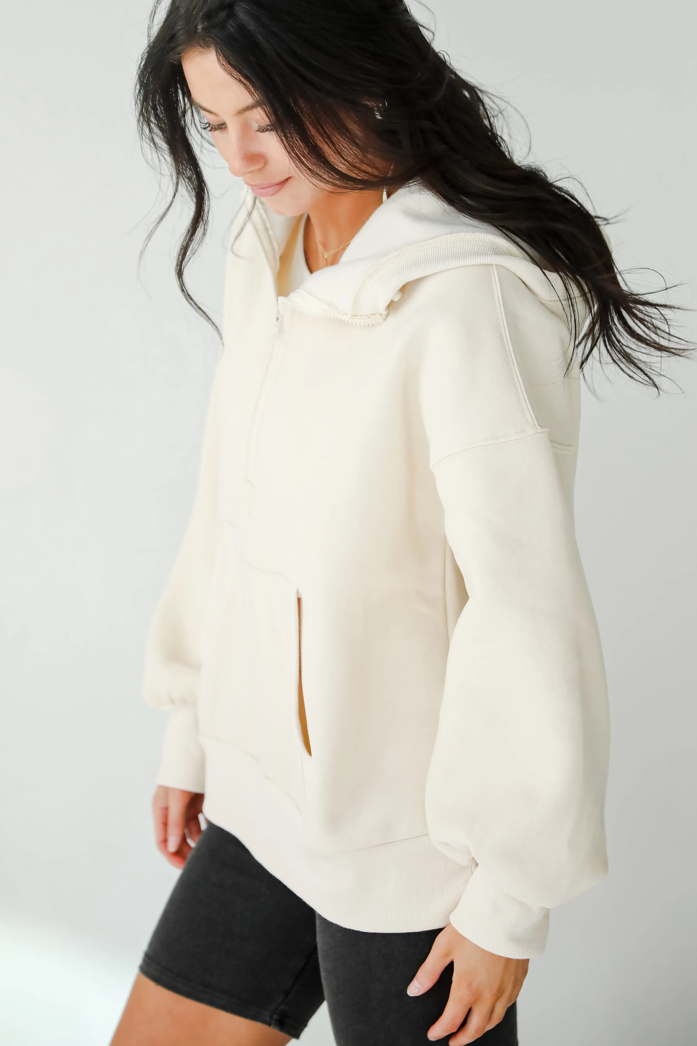 FINAL SALE - Cozy Delight Cream Fleece Quarter Zip Hoodie