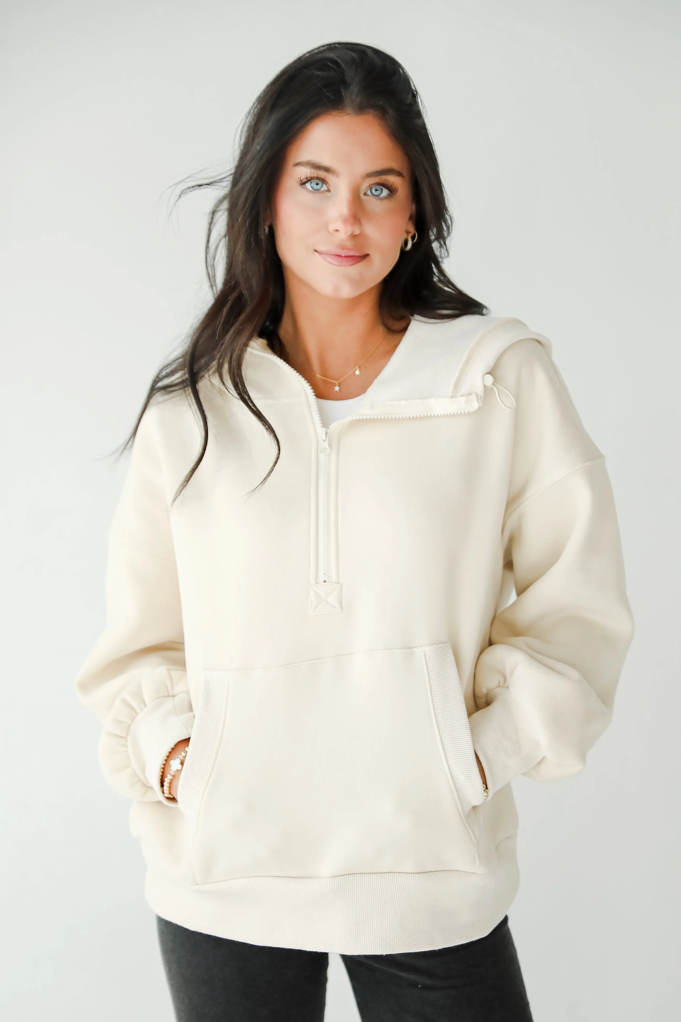 FINAL SALE - Cozy Delight Cream Fleece Quarter Zip Hoodie