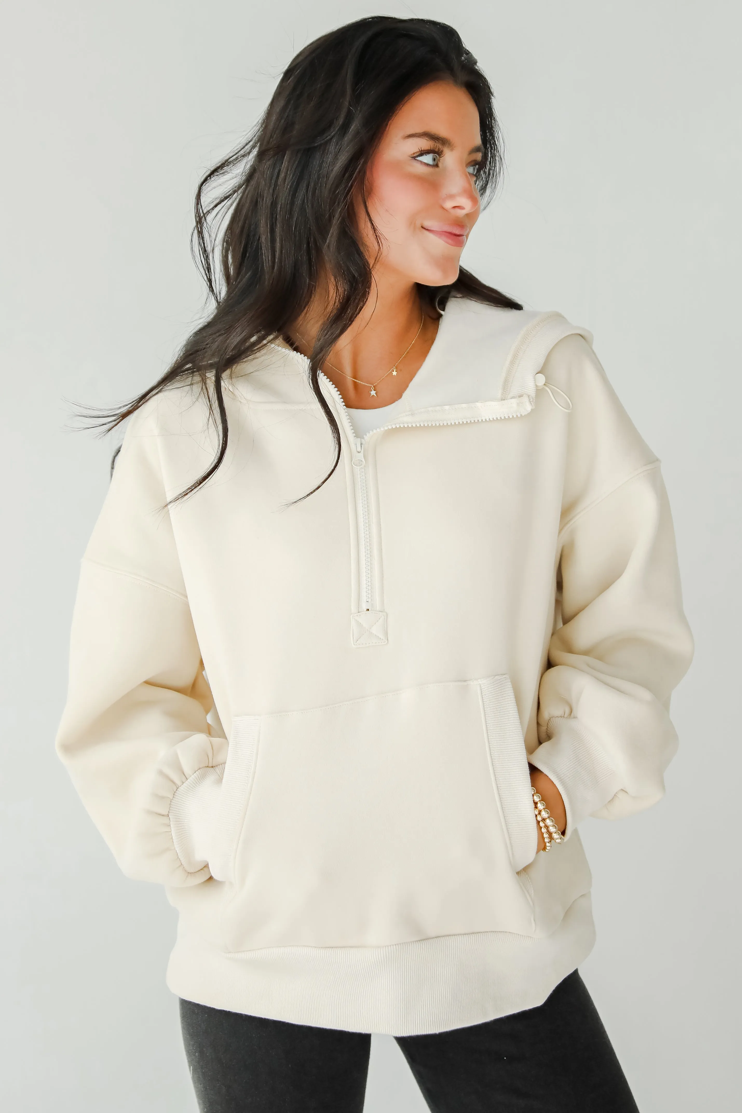 FINAL SALE - Cozy Delight Cream Fleece Quarter Zip Hoodie