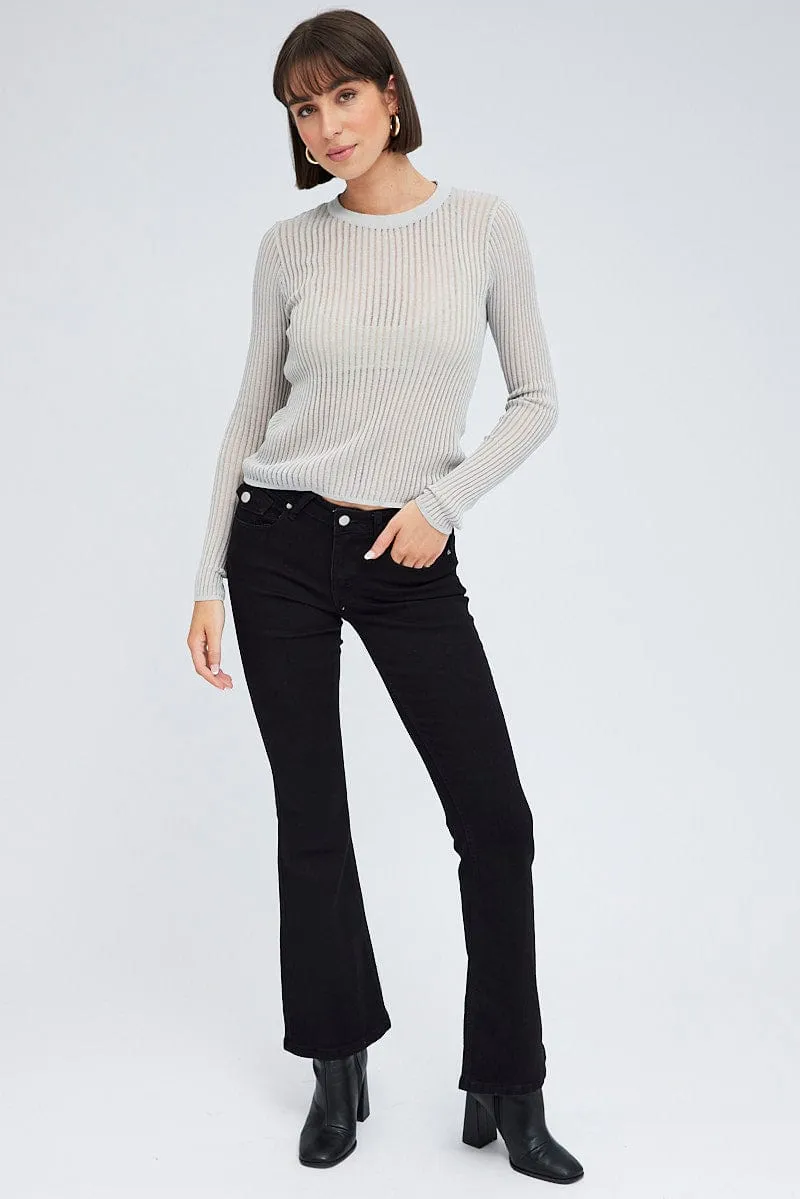 Grey Knit Top Long Sleeve Crew Neck