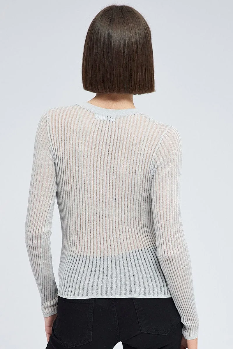 Grey Knit Top Long Sleeve Crew Neck