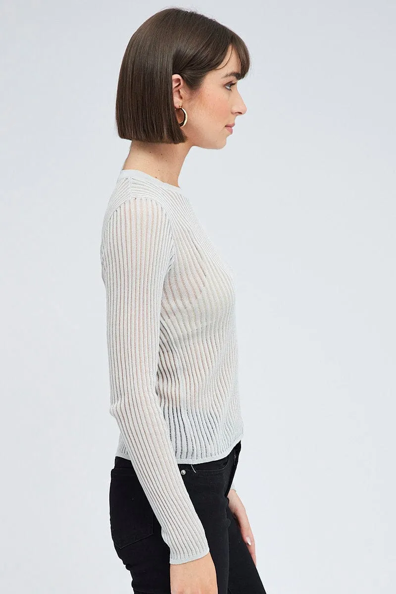 Grey Knit Top Long Sleeve Crew Neck