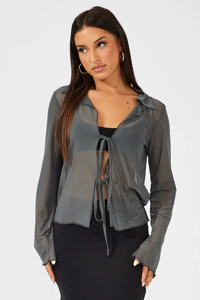 Grey Mesh Cardigan Long Sleeve
