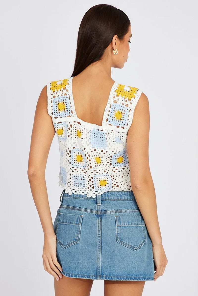 Multi Crochet Top Crop Square Neck