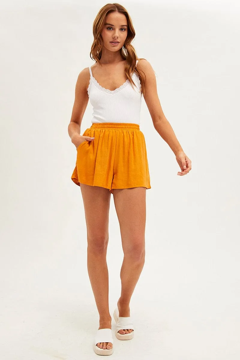 Orange Mini Shorts High Rise Linen Blend