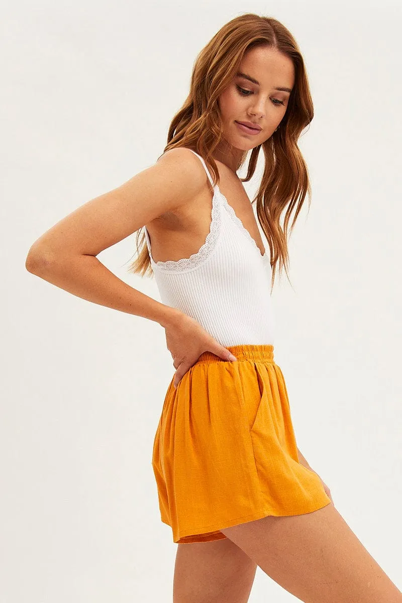 Orange Mini Shorts High Rise Linen Blend