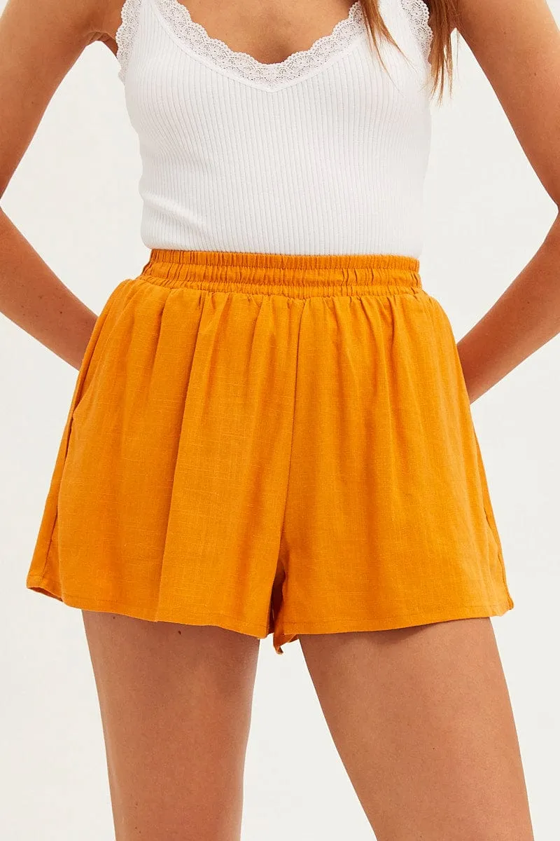 Orange Mini Shorts High Rise Linen Blend