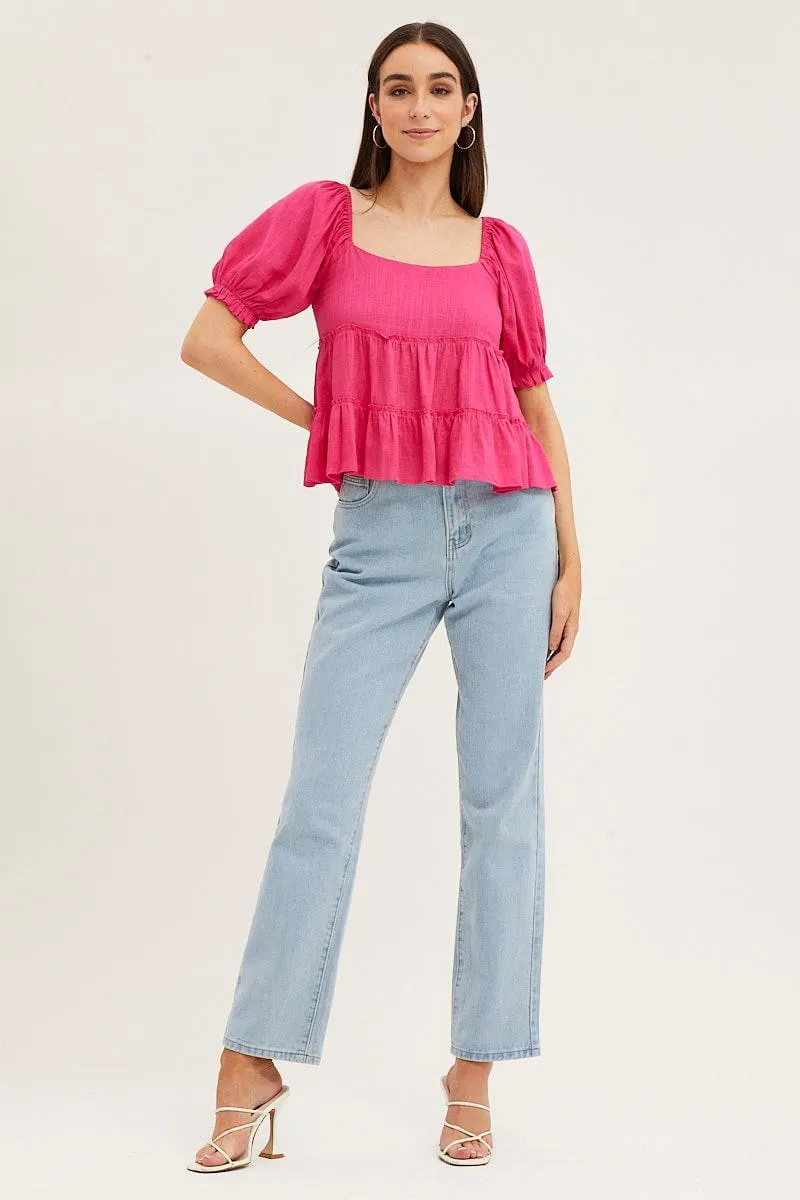 Pink Peplum Top Short Sleeve