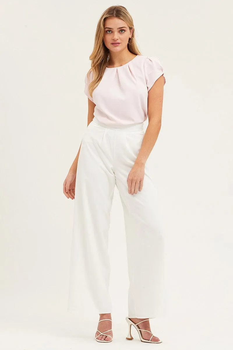 Pink Top Cap Sleeve Pleat Detail Workwear