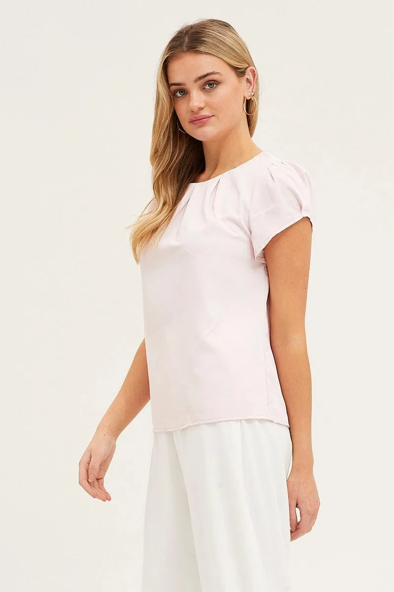 Pink Top Cap Sleeve Pleat Detail Workwear