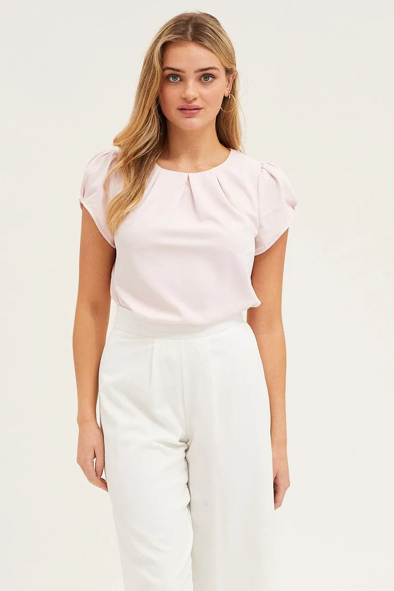 Pink Top Cap Sleeve Pleat Detail Workwear