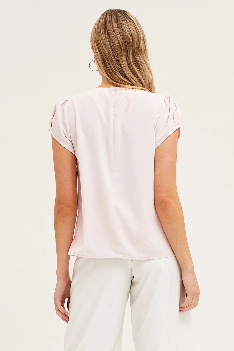Pink Top Cap Sleeve Pleat Detail Workwear