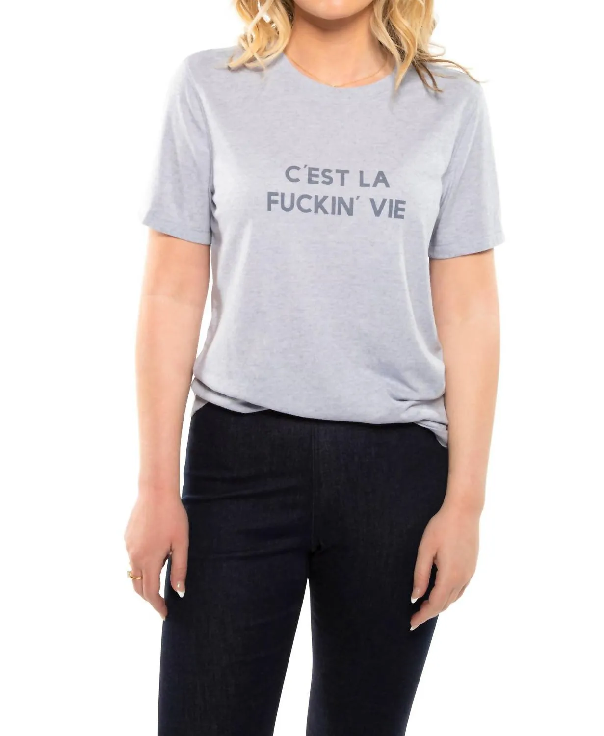 "c'est La F*ckin Vie" Graphic Short Sleeve Knit Tee In Powder Blue