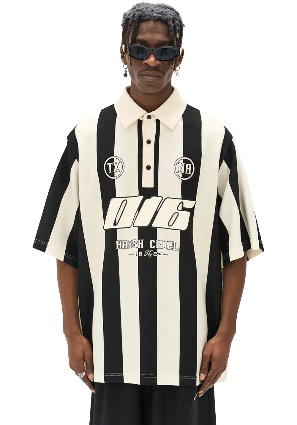 Street Style Black And White Striped Contrast Polo Shirt