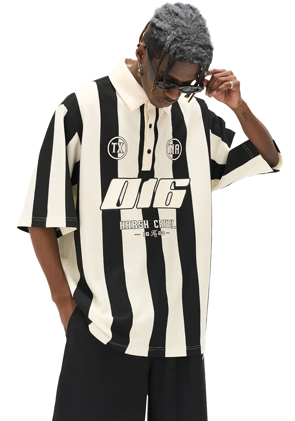 Street Style Black And White Striped Contrast Polo Shirt