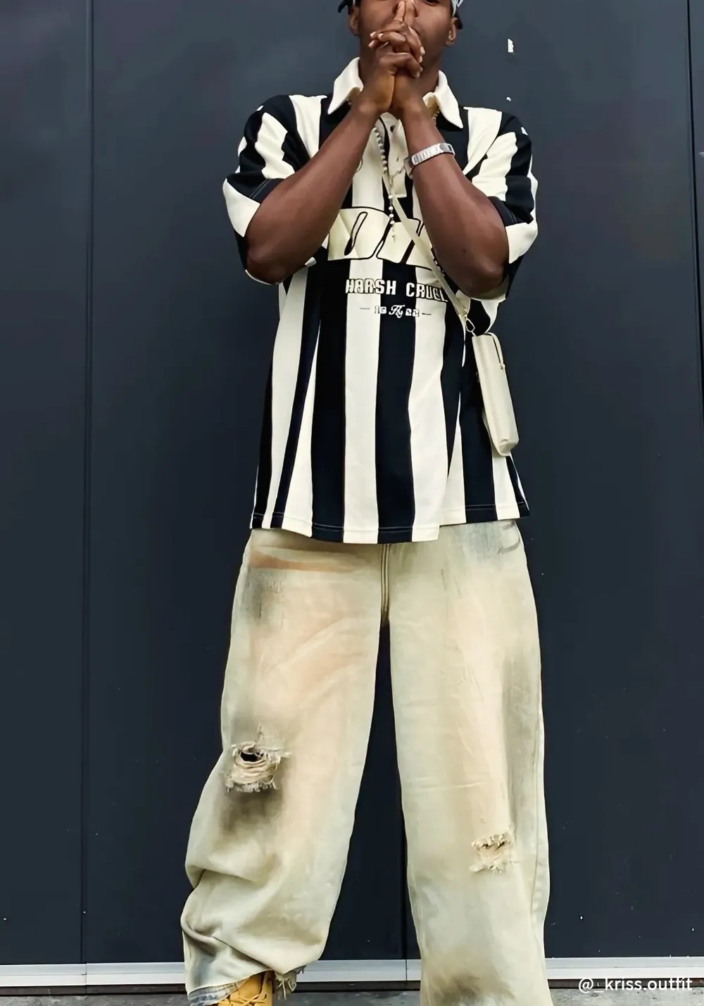 Street Style Black And White Striped Contrast Polo Shirt