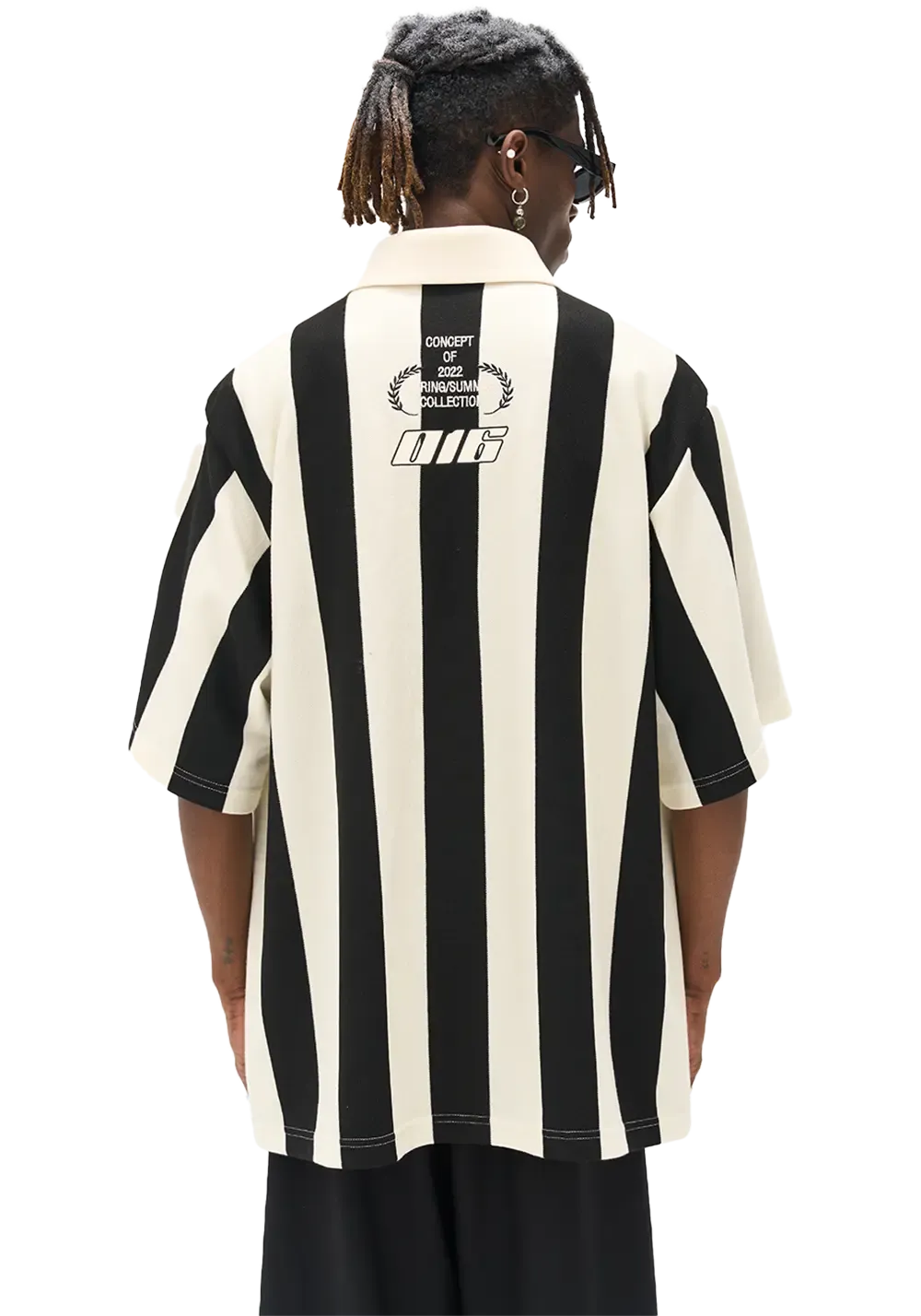 Street Style Black And White Striped Contrast Polo Shirt