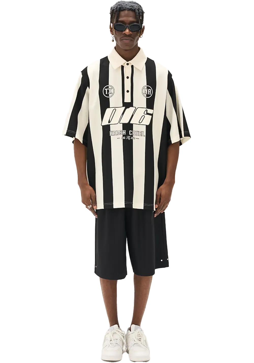 Street Style Black And White Striped Contrast Polo Shirt