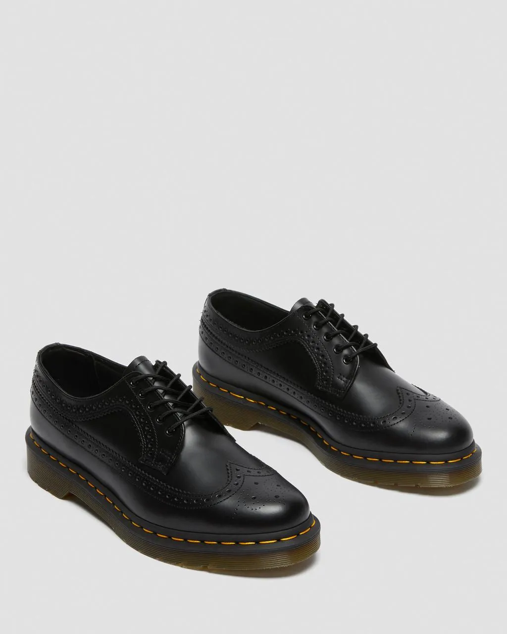 Unisex 3989 Yellow Stitch Smooth Leather Brogue Shoes Black Smooth