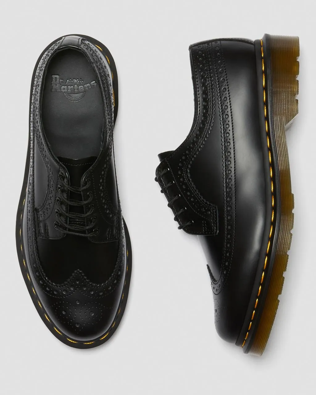 Unisex 3989 Yellow Stitch Smooth Leather Brogue Shoes Black Smooth